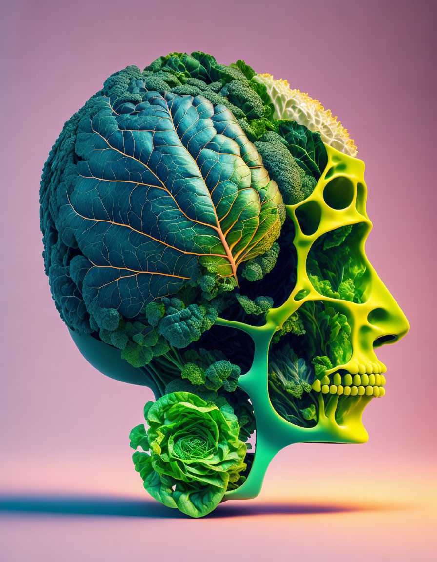 Human skull with leafy green vegetables on pink and purple background