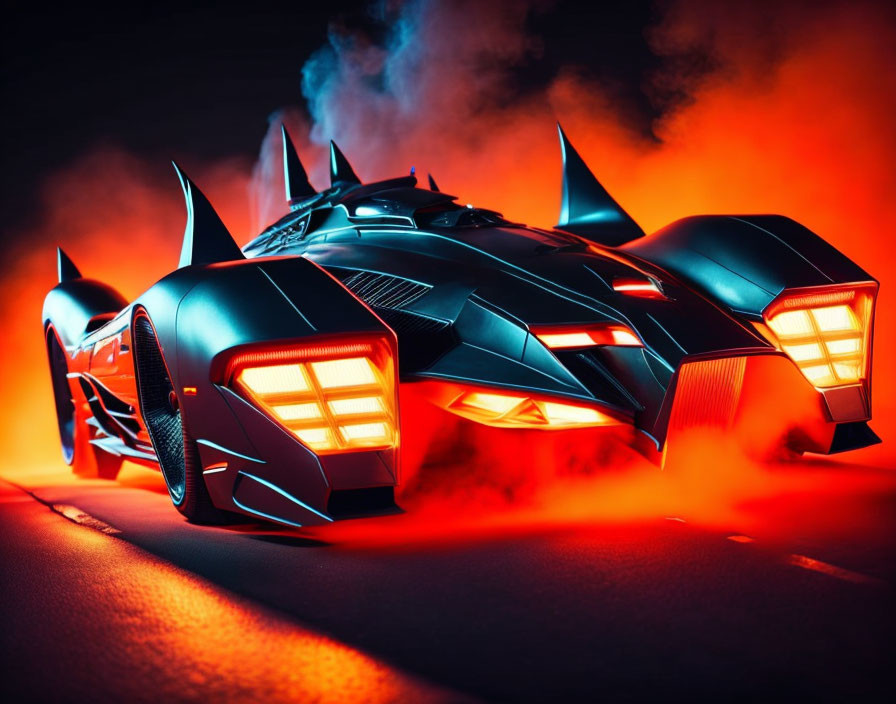 Futuristic black car with sharp angles and red lights on red backdrop