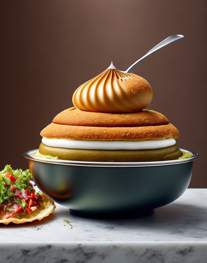 Stack of Pancakes with Cream Swirl on Modern Bowl and Spoon