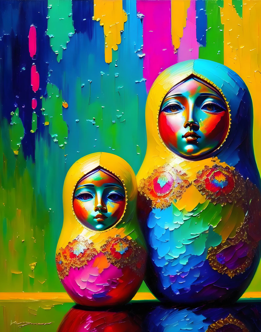 Colorful painting featuring two matryoshka dolls on vibrant background