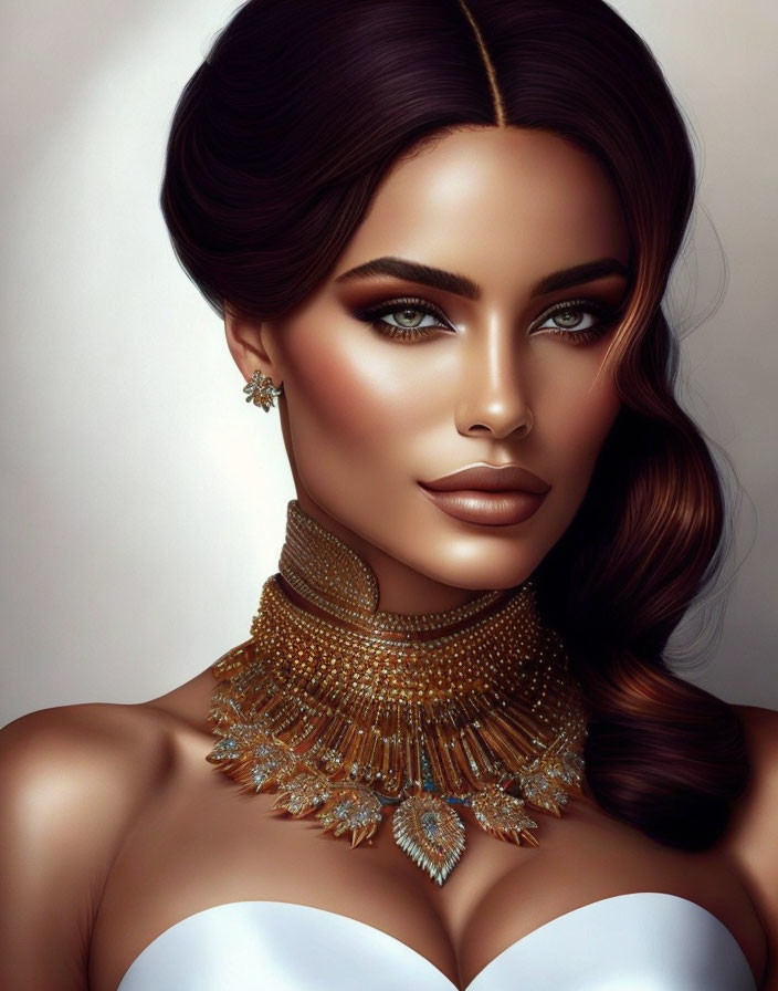 Digital portrait of woman with sleek hair, striking makeup, and ornate gold necklace