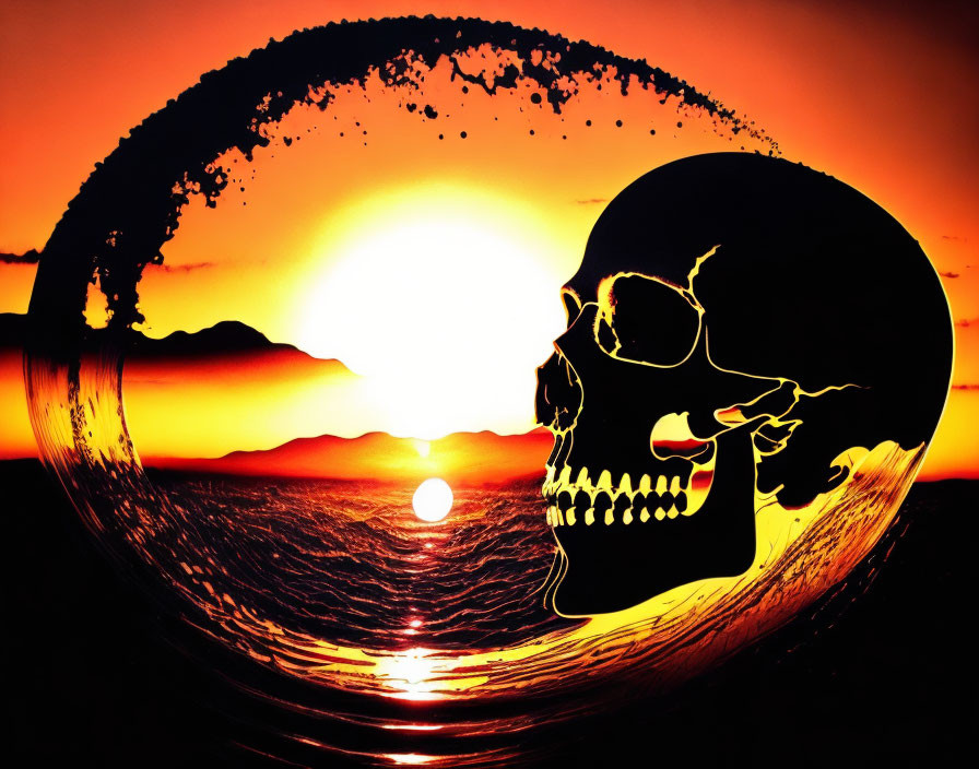 Vibrant sunset over ocean with skull silhouette wave