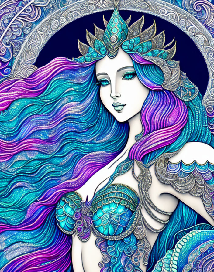 Detailed Fantasy Woman Portrait with Purple Hair and Ornate Crown in Crescent Frame