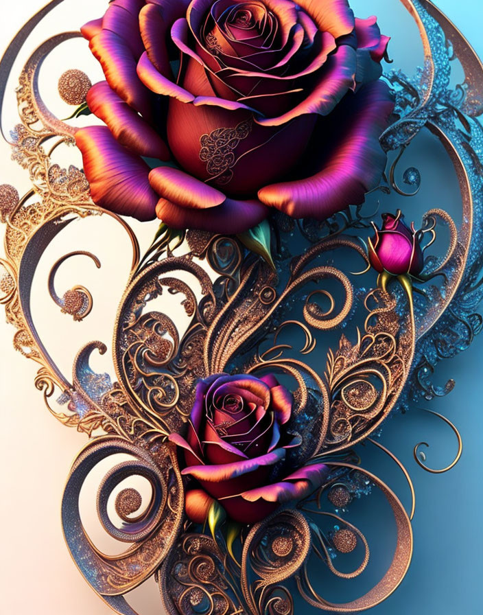 Detailed digital art featuring ornate metallic swirls, flourishes, and roses in purple and pink on