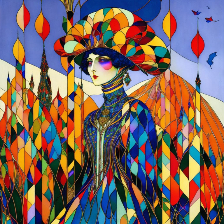 Vibrant Art Nouveau Woman with Flamboyant Hat in Geometric Background