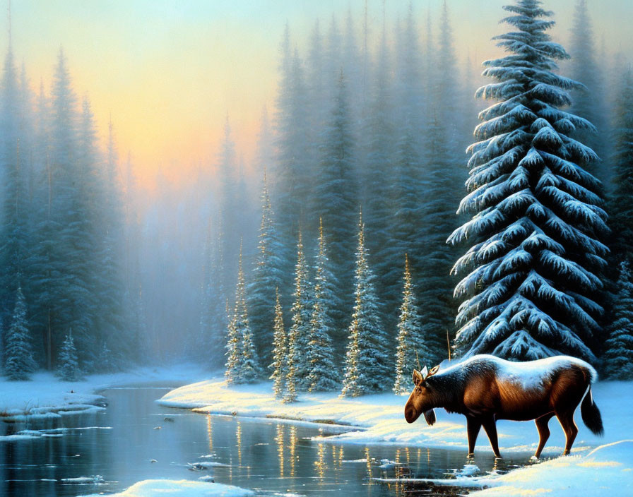 Moose by frozen river at sunrise in snowy forest
