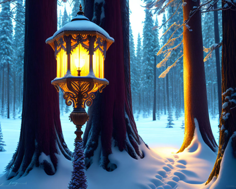 Snow-covered forest scene with ornate lamp post and warm glow