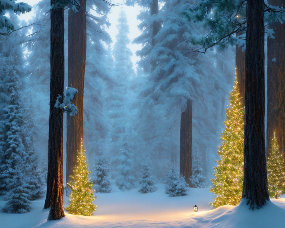 Snow-covered winter forest with glowing lantern and golden lights