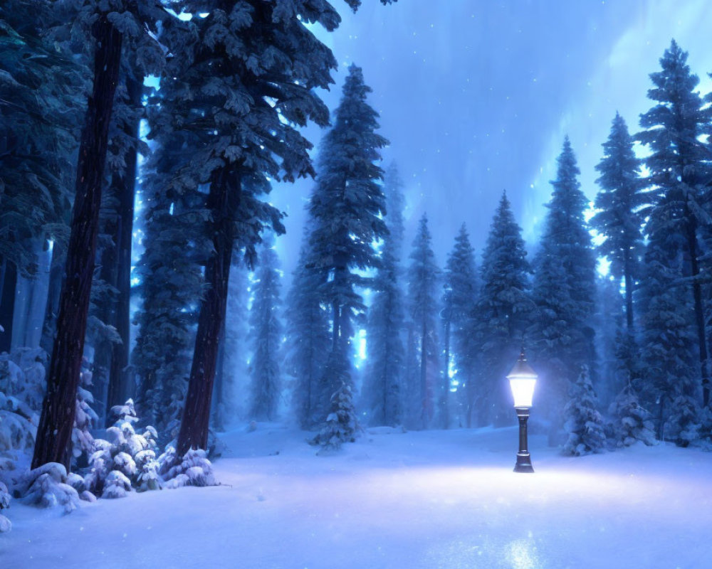 Snowy Dusk Landscape with Evergreens and Street Lamp