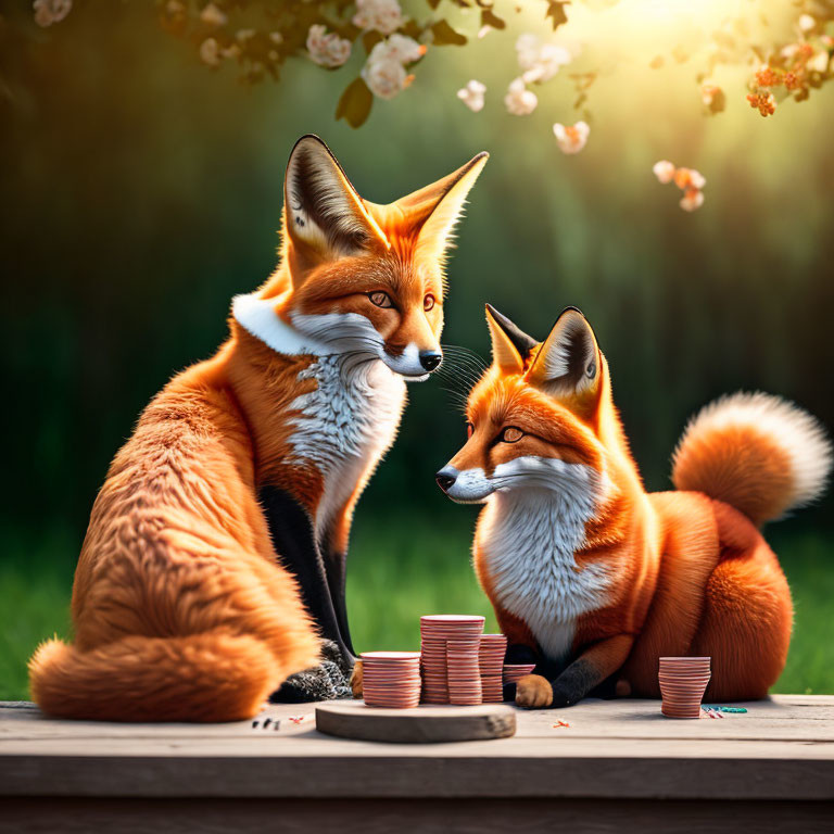 Foxes playing poker in forest with chips under sunlight