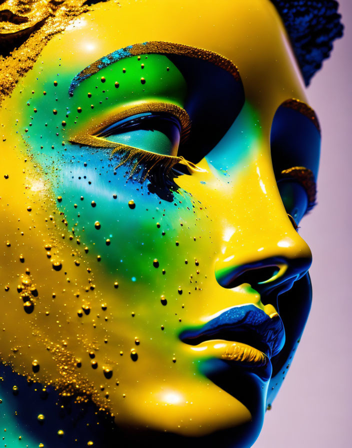 Colorful artistic mannequin face with glossy texture and water droplets in vibrant blue and green hues