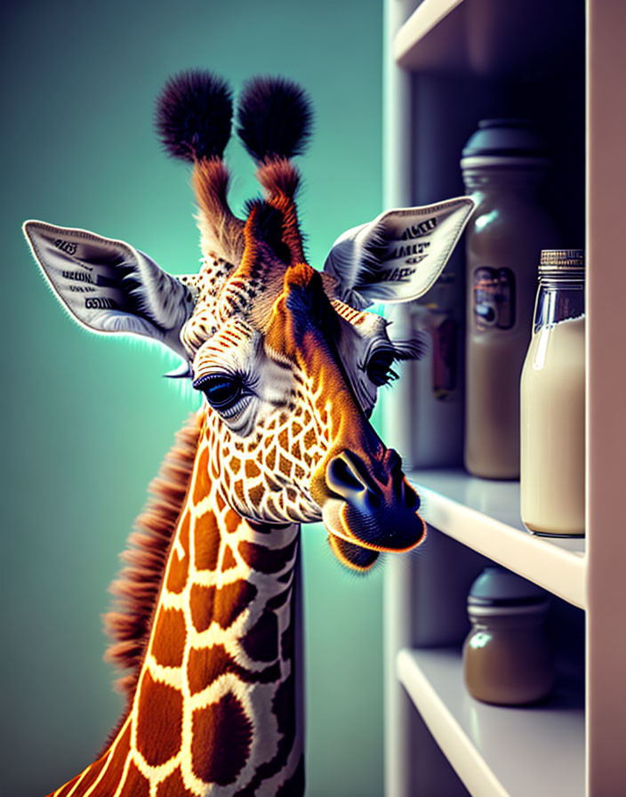 Curious giraffe head in fridge with milk