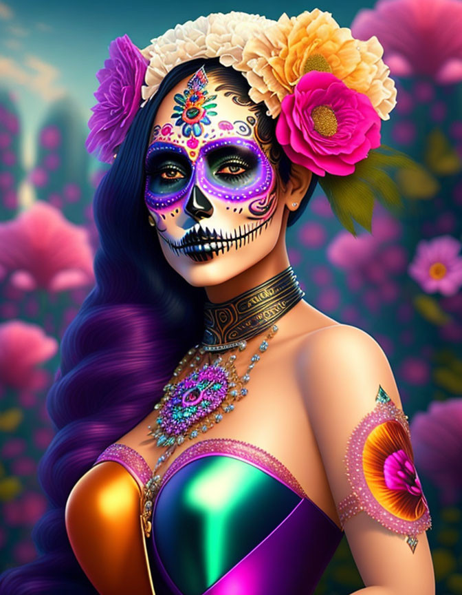 Woman with Day of the Dead makeup and vibrant floral hair accessories in colorful skull face paint and ornate