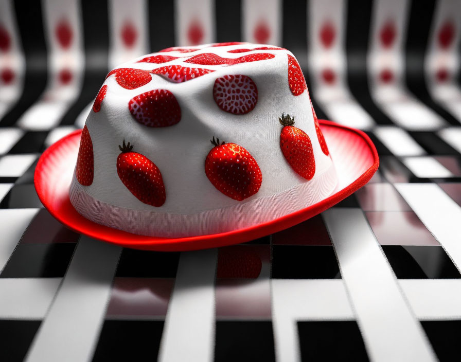 Red-Brimmed Hat Cake with Strawberry Decor on Checkered Background