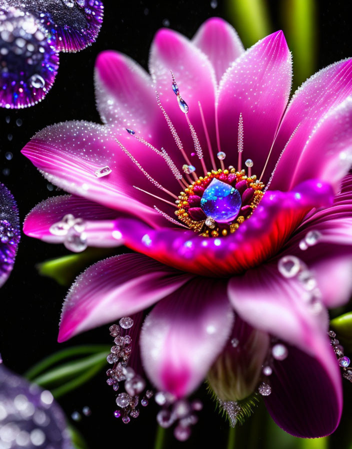 Vibrant pink flower with water droplet on dark backdrop