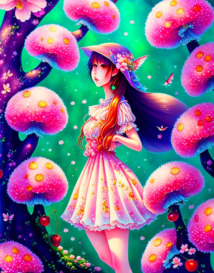 Vibrant anime girl in pastel dress in enchanted forest