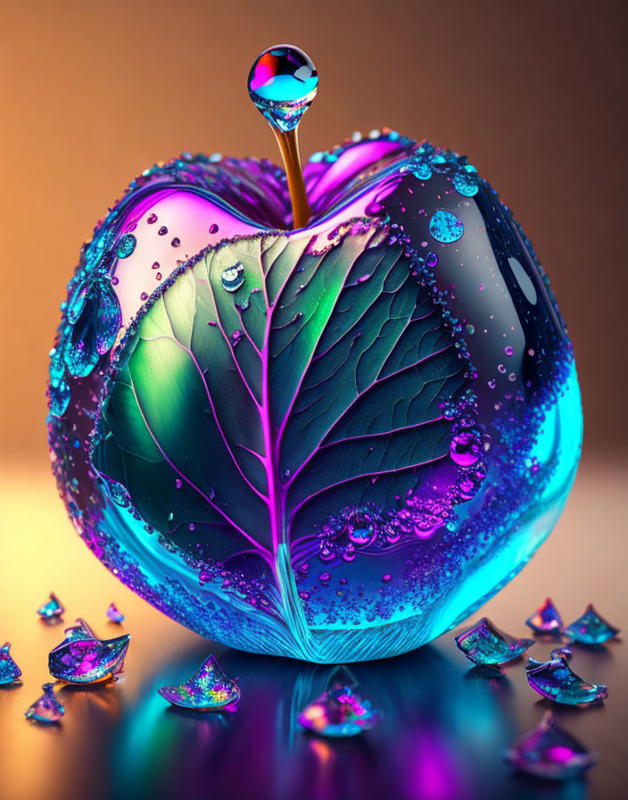 Colorful Surreal Apple Art with Water and Leaf Textures on Warm Background