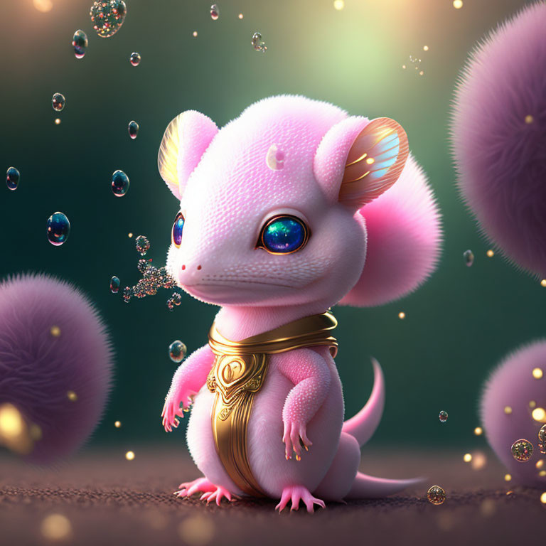 Whimsical pink mouse digital art with blue eyes & golden neck piece