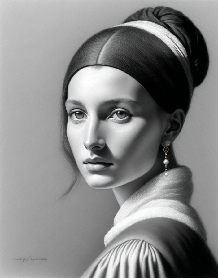 Monochromatic pencil portrait of serene young woman