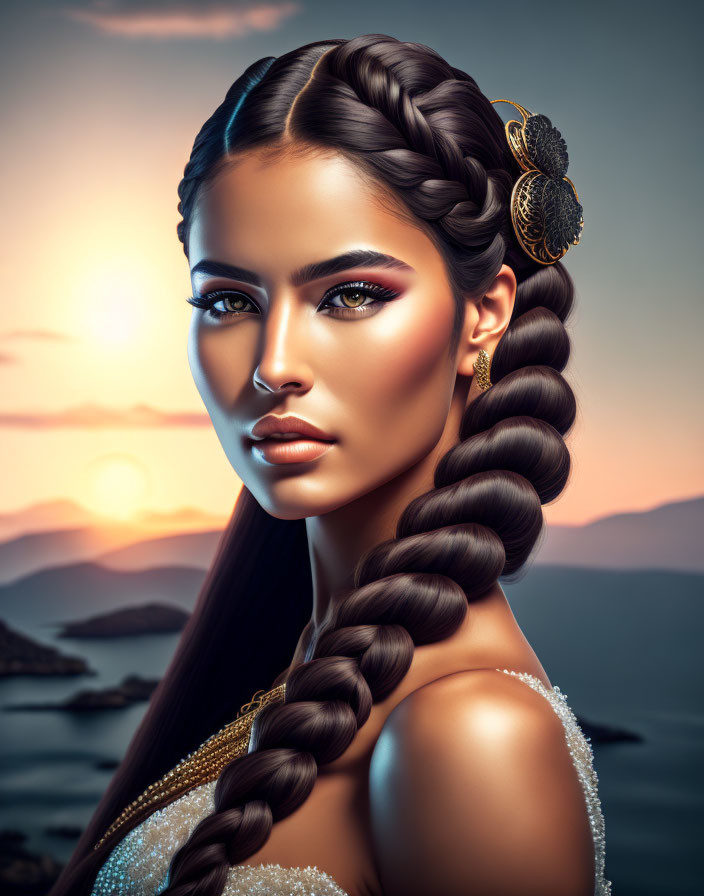 Digital artwork: Woman with braided hair, earrings, and hairpiece at sunset.