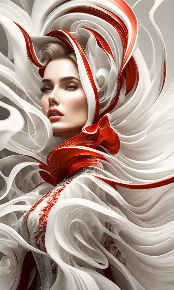 Swirling red and white patterns around elegant woman's face