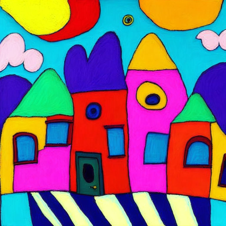 Whimsical houses with eyes in vibrant painting.