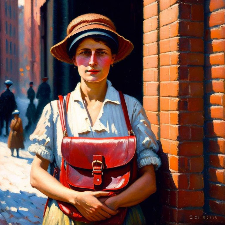 Portrait of Woman in Striped Hat and White Shirt Against Brick Wall