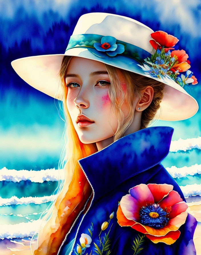 Colorful illustration: Woman in floral hat and blue coat by blue waves.