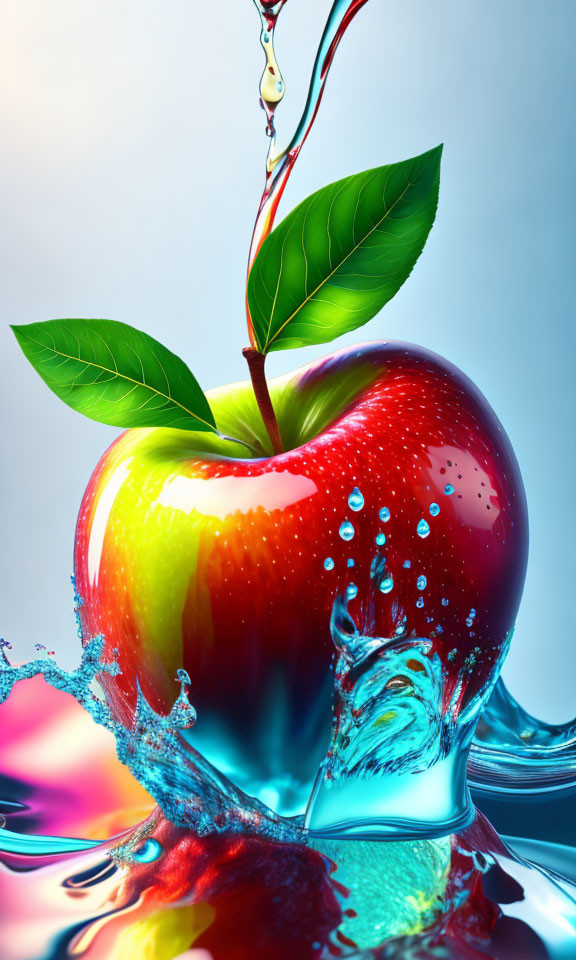 Red Apple with Green Leaves Submerged in Water with Droplets and Pouring Liquid