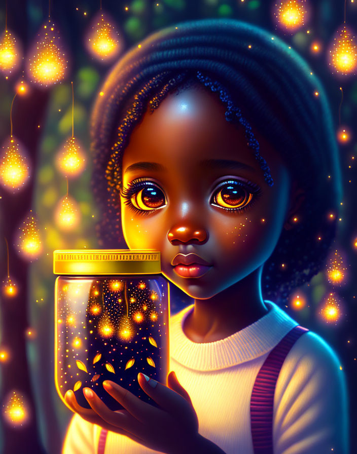 Young girl with glowing lights in magical ambiance