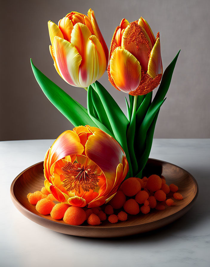 Vibrant orange and yellow tulips on wooden plate with decorative balls