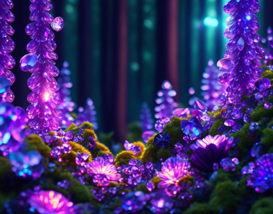 Fantasy forest with glowing plants, crystal formations, and green moss