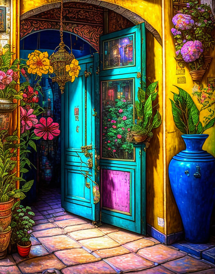 Colorful Alleyway with Teal Door, Hanging Plants, Blue Vase, and Blooming Flowers