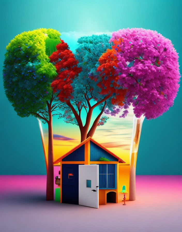 Colorful Miniature House with Rainbow Trees on Gradient Sky