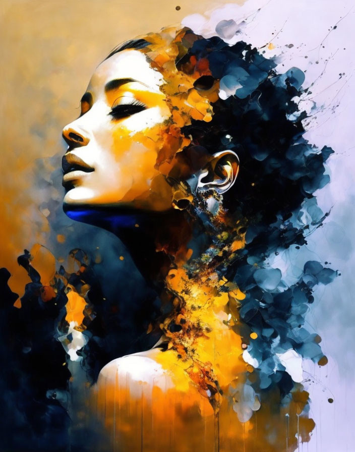 Colorful Abstract Portrait of Woman in Yellow and Blue Hues