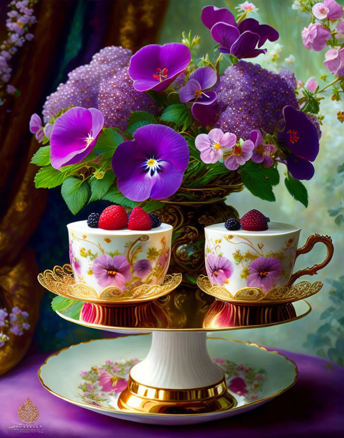 Colorful Floral Teacups with Berries on Saucer Amid Lush Greenery