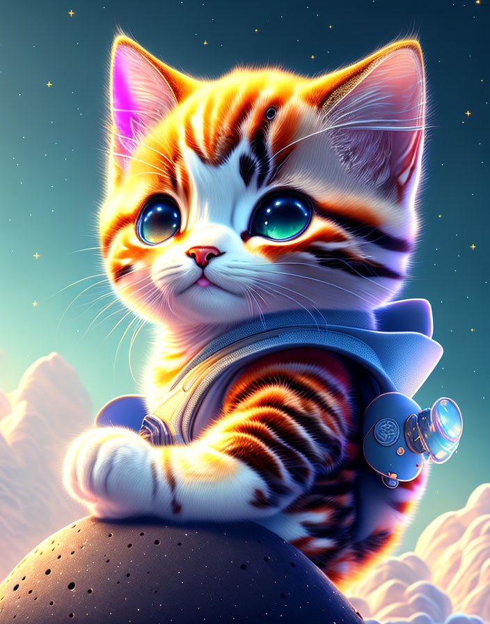 Blue-eyed animated kitten in space suit on rocky surface under starry sky