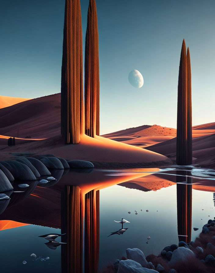 Surreal landscape with spire-like structures, reflective water, sand dunes, sunset, and