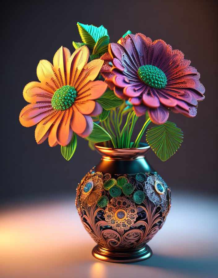 Vibrant 3D-rendered vase with colorful flowers on dark background