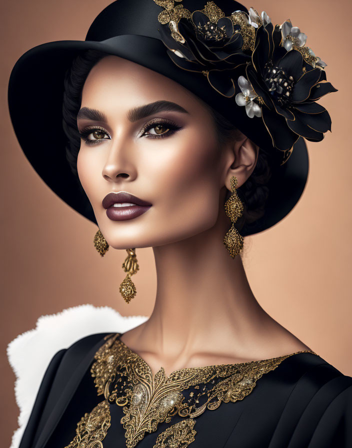 Stylish woman with dark lipstick and floral hat in black and gold attire