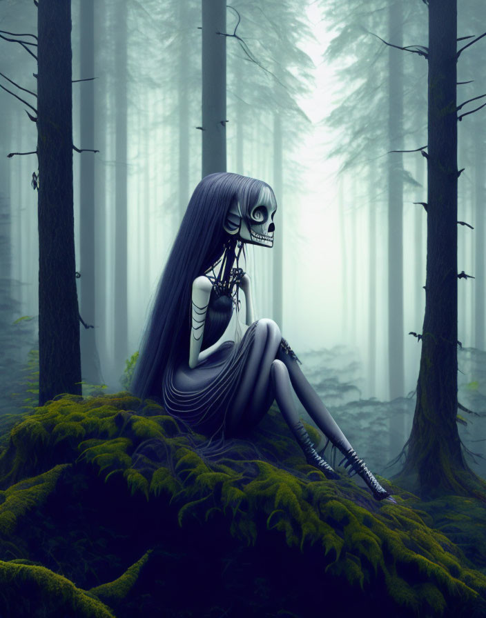 Skeletal girl with long hair in misty forest ambiance