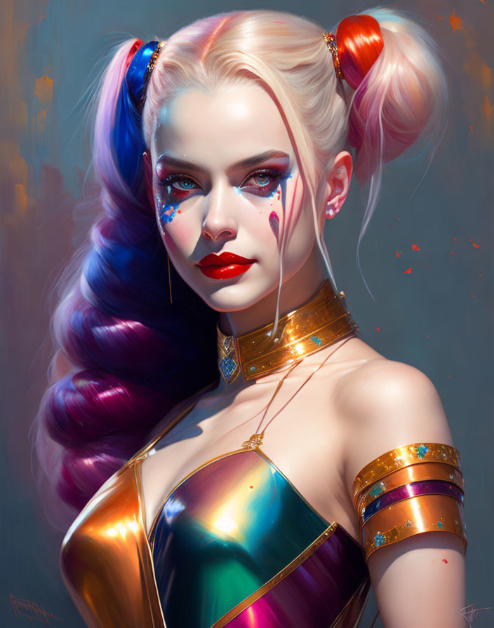 Digital Art: Woman with Ombre Hair, Pigtails, Futuristic Outfit & Gold