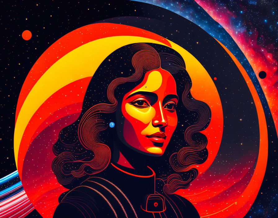 Colorful portrait of woman with wavy hair in space theme