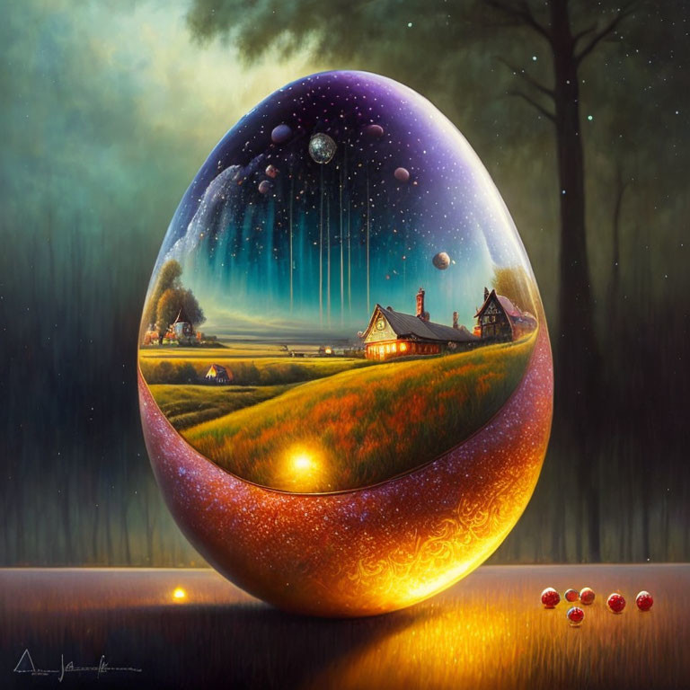 Surreal painting with reflective sphere and pastoral scene