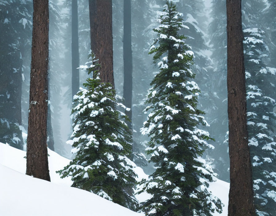 Winter forest scene with snow-dusted evergreen trees