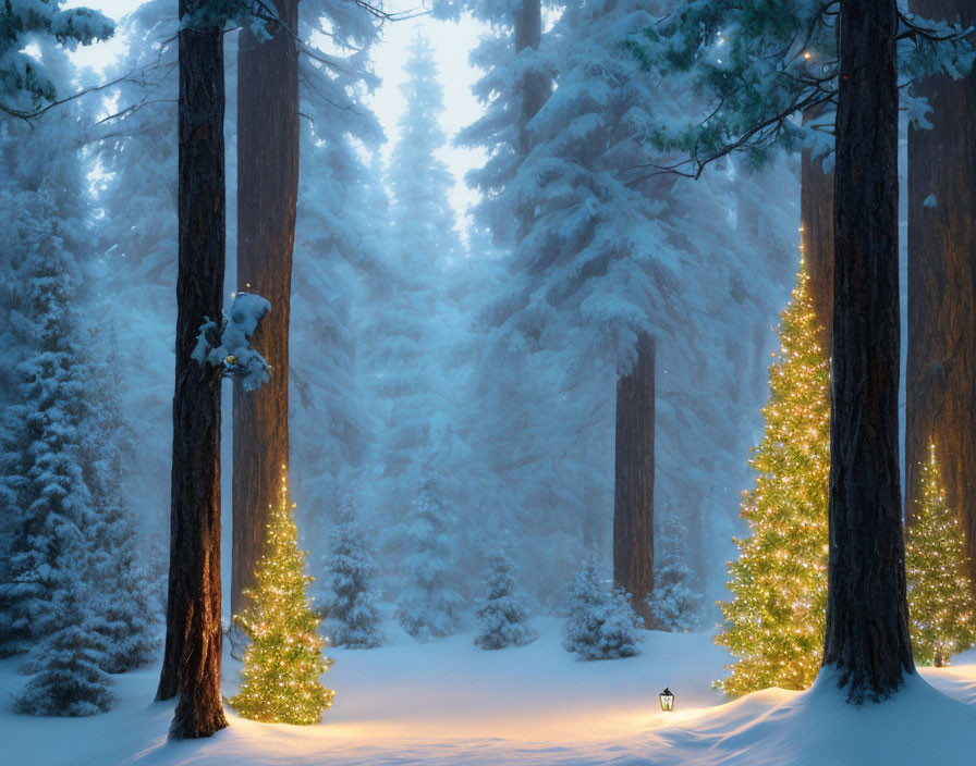 Snow-covered winter forest with glowing lantern and golden lights