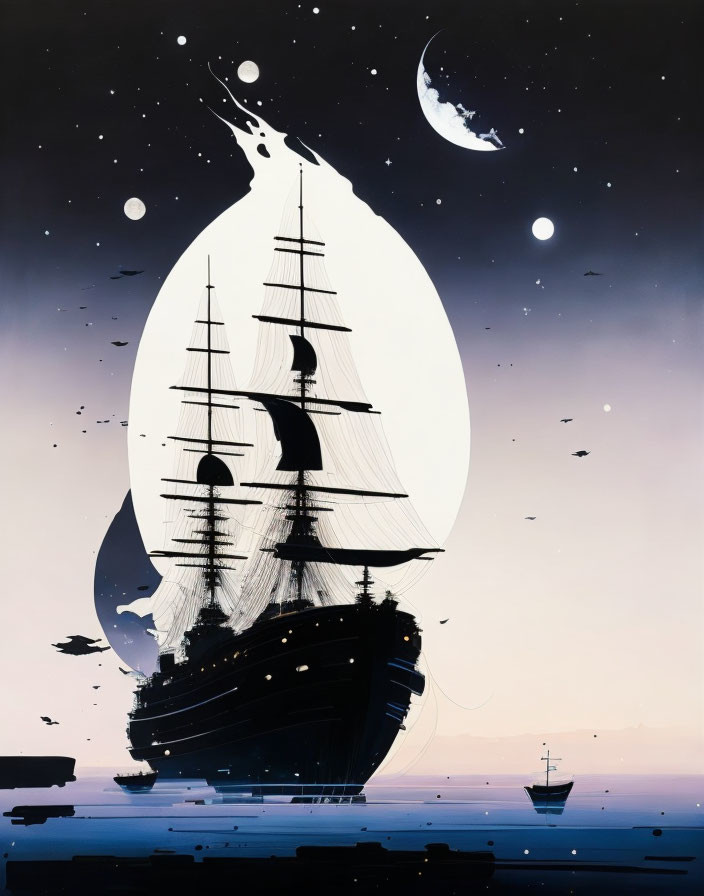 Stylized sailing ship in cosmic setting with moons and stars