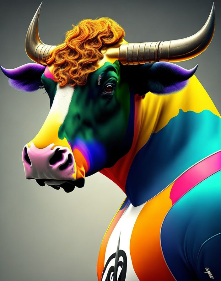 Multicolored stylized bull illustration with gold horns