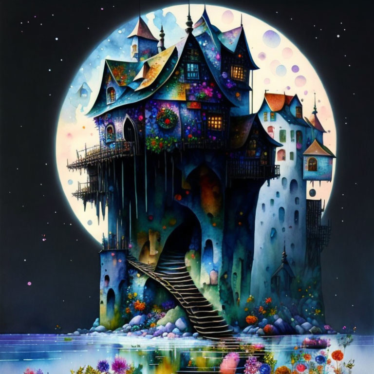 Victorian-style house on rocky outcrop with full moon, vibrant colors, bubbles, reflection.