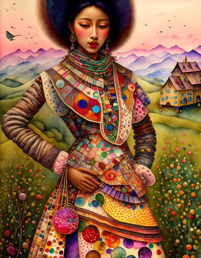 Colorful woman in patterned dress with headdress in whimsical landscape.